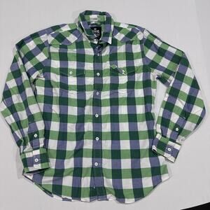 Express Flannel Shirt Mens M Green Blue Button Up Long Sleeve Cotton Slim Fit